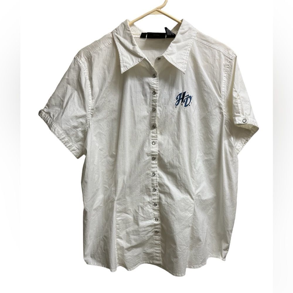 Harley Davidson Women's Pearl Snap White Shirt w/ Blue Embroidered Logo SZ 1X